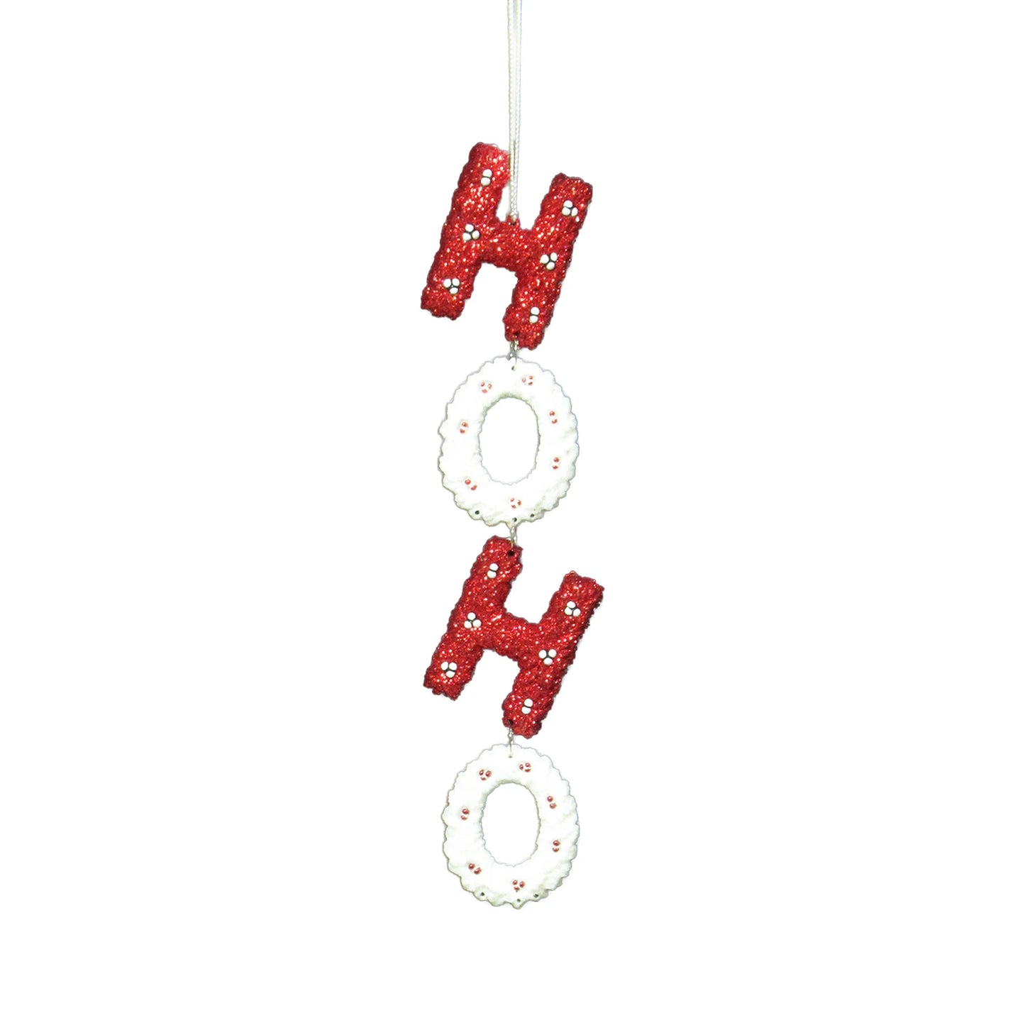 HOHO STRING 10.2" RED/WHITE ICE WHITE GLITTER ORNAMENT