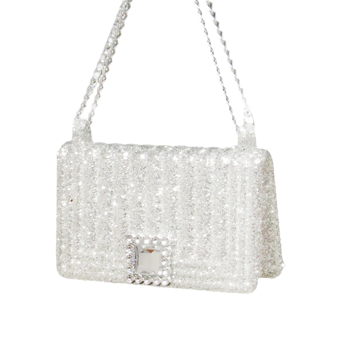 HANDBAG BRIGHT SILVER SPANGLE GLITTER W/SILVER CHAIN 3.7" ORNAMENT