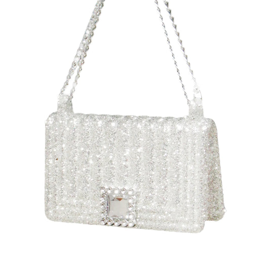 HANDBAG BRIGHT SILVER SPANGLE GLITTER W/SILVER CHAIN 3.7" ORNAMENT