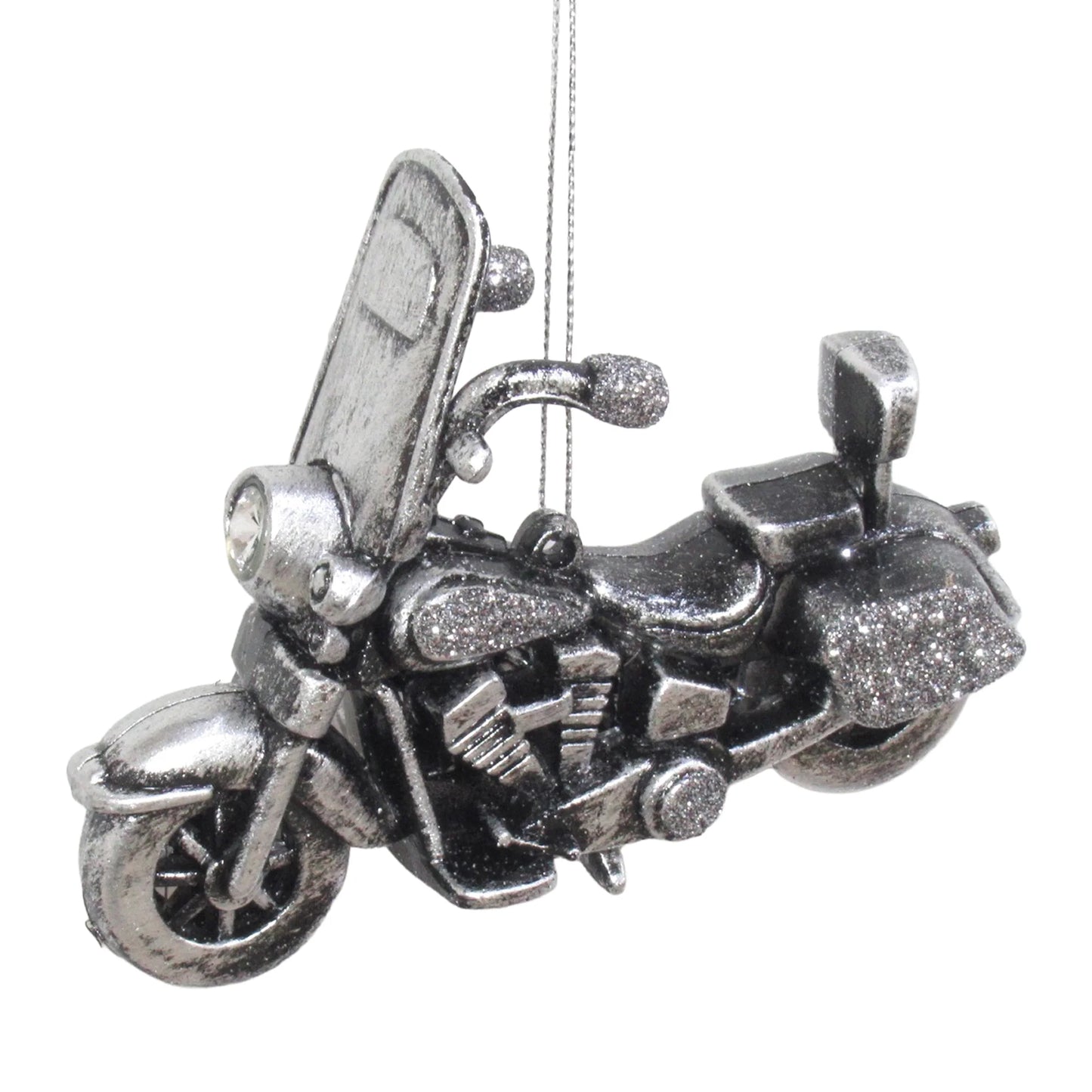 MOTORCYCLE BLACK BRUSHED SILVER W/ROCK RIDGE GLITTER 4.7" ORNAMENT