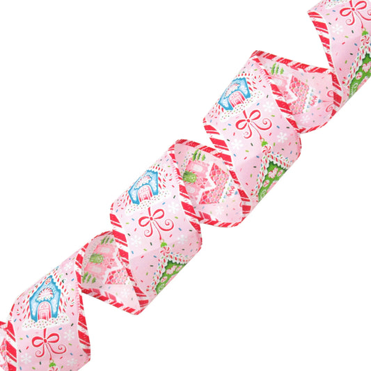 WIRED RIBBON 2.5"X10 YDS. PINK TAFFETA W/CANDY HOUSE IRID. GLITTER, RED, WHITE, BLUE W/HEMMED EDGES