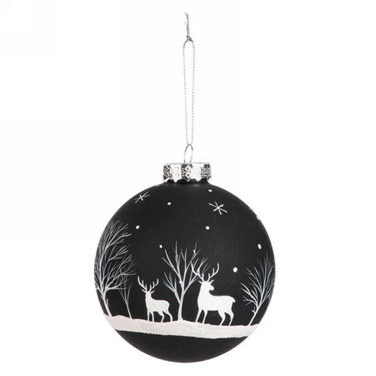 4" Black ball orn with white deer