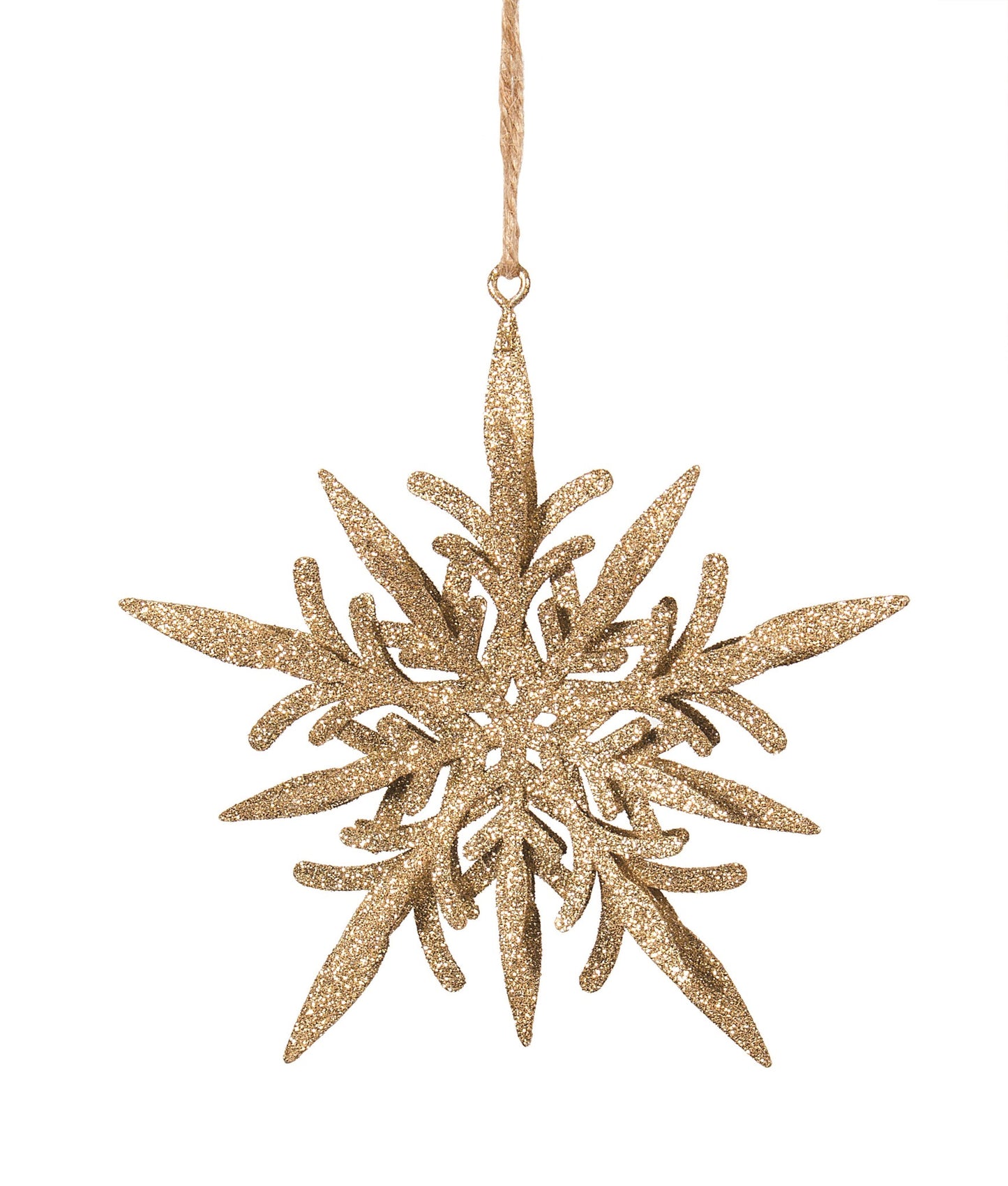 Gold metal 3-dimensional snowflake ornament with gold glitter.