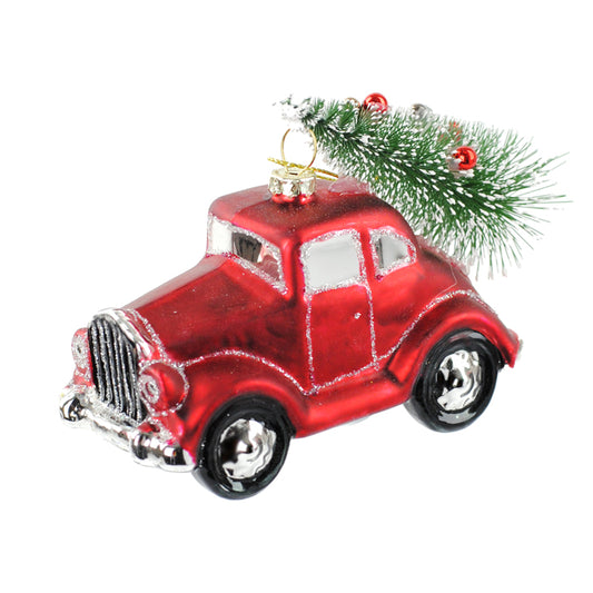 RED GLASS CAR W/ TREE ORNAMENT