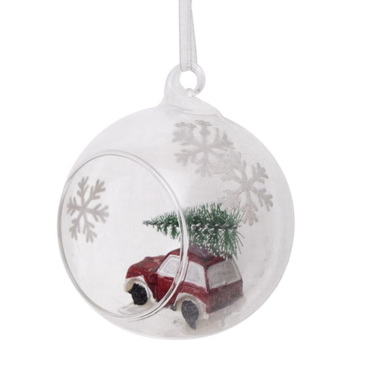 OPEN GLASS BALL 3″ RED CAR W/ TREE