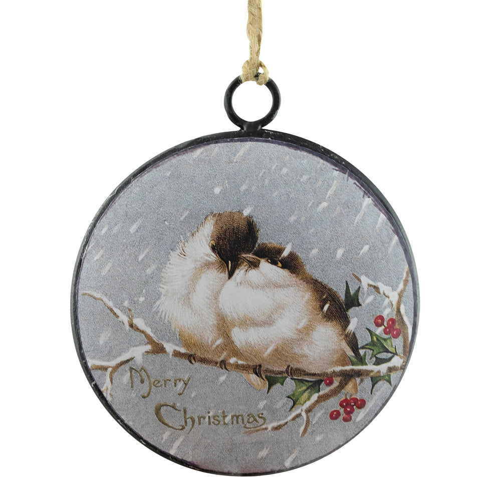METAL DISC BIRD AND SNOWFALL ORNAMENT