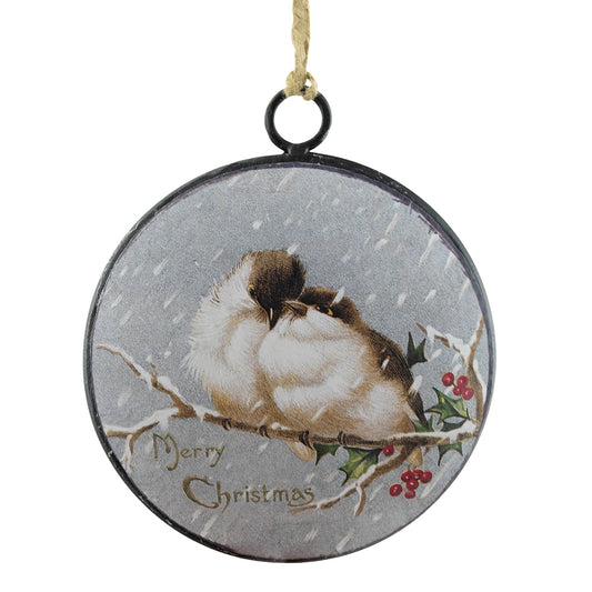 METAL DISC BIRD AND SNOWFALL ORNAMENT