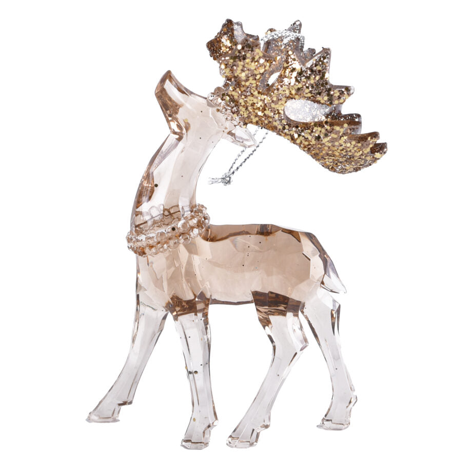 ROSE GOLD/CLEAR REINDEER 4.25″ W/ BRN GLTR HORNS ORNAMENT
