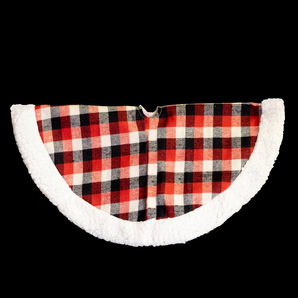 TREE SKIRT 20″ MINI BLK/WHT/RED PLAID W/SHERPA BORDER