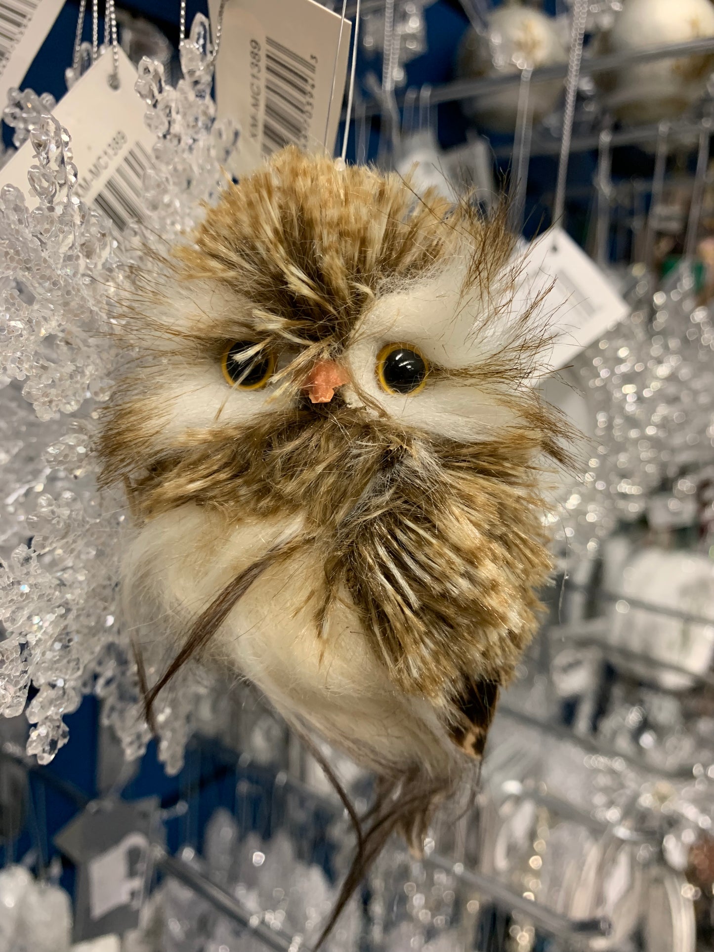 Brown and white faux fur mini owl ornament.