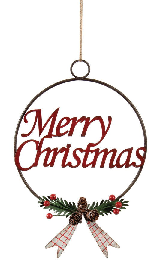 Iron Merry Christmas wreath hanger with metal bow.