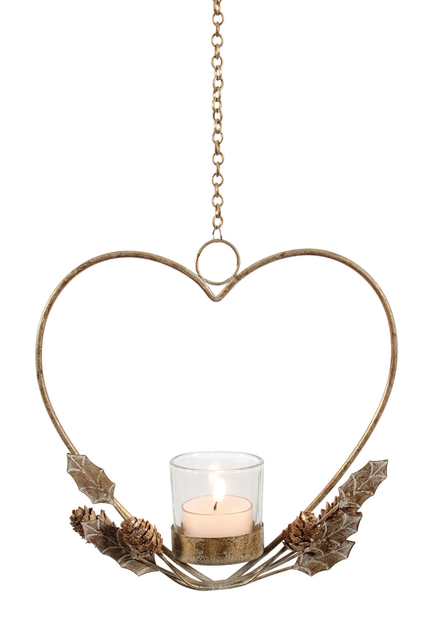 Rustic gold iron heart hanging tealight holder. Includes glass.