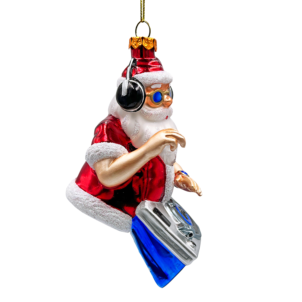 DJ Santa Spinning Christmas Party Glass Ornament, Headphones and Music Star Hipster Tree Decor