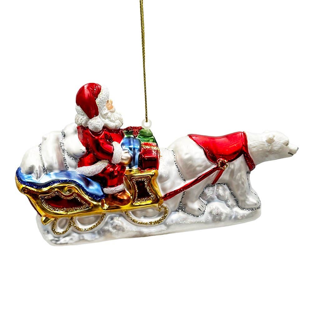 Polar Bear Santa Sleigh Glass Christmas Ornament