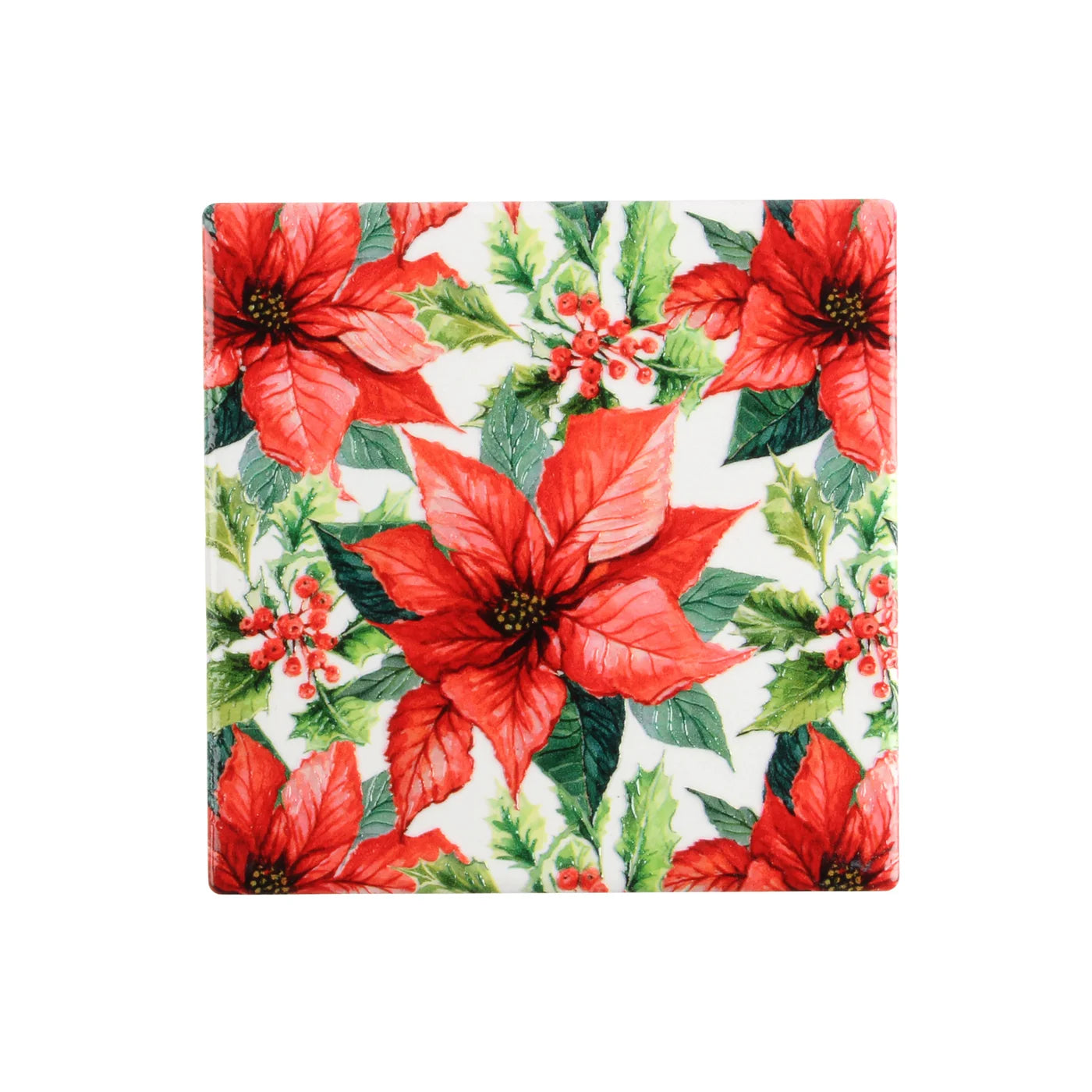 Poinsettia Textured Printed Ceramic Coaster S/6 Red