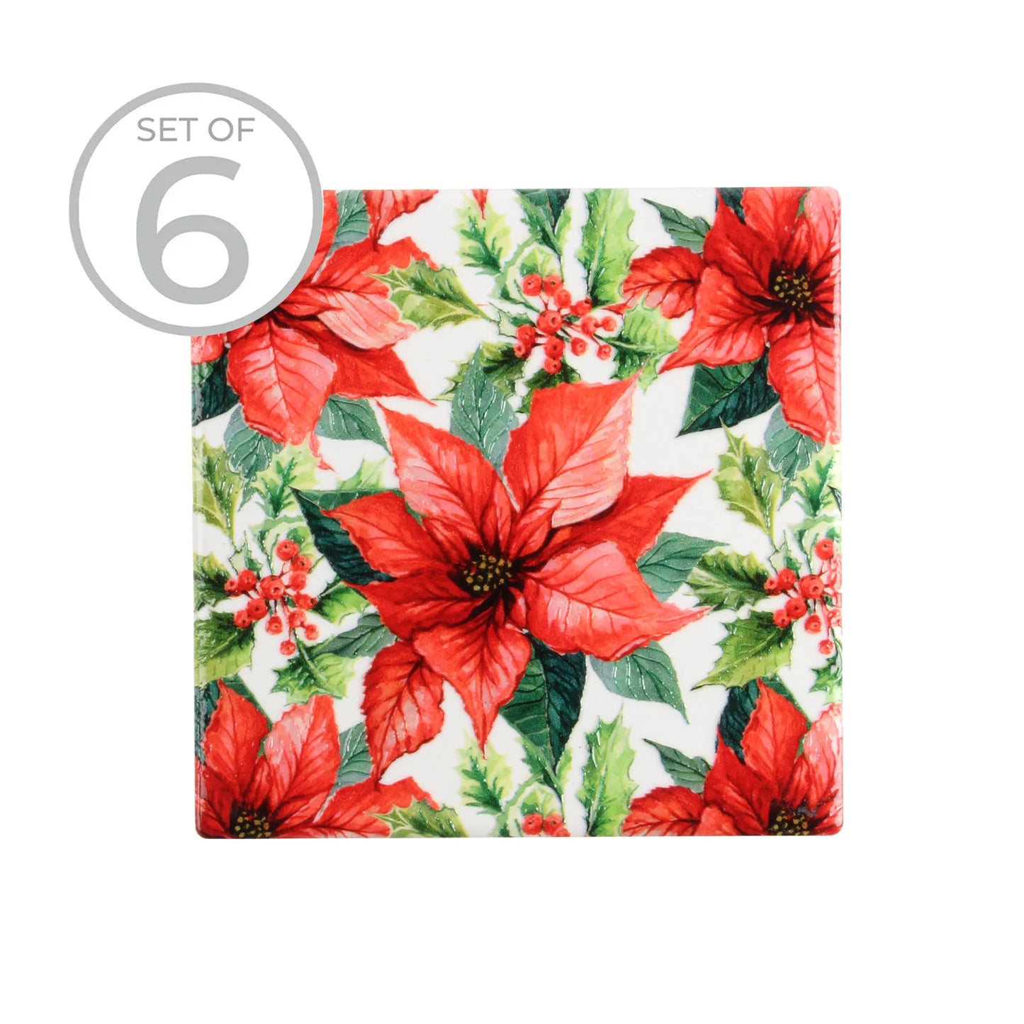 Poinsettia Textured Printed Ceramic Coaster S/6 Red
