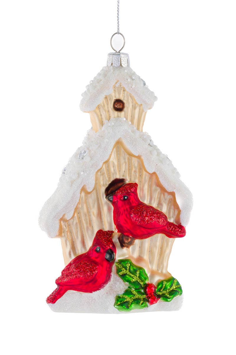 NEW-Off-White Cozy Birdhouse Ornament With Cardinals