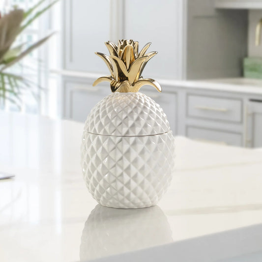 Pineapple Gold Crown 11h" White Ceramic Canister