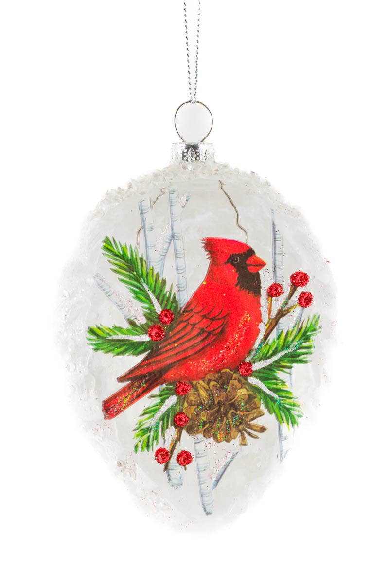 White Frosted Pinecone Ornament With Cardinal Decal