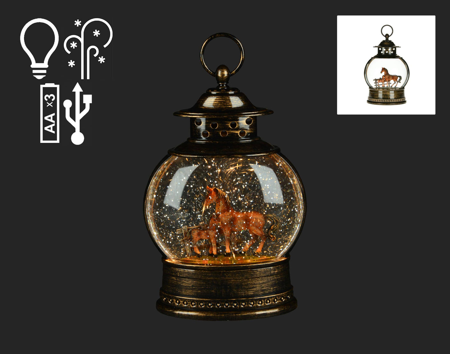 10" Brown Lantern LED Snow Globe w/Horses