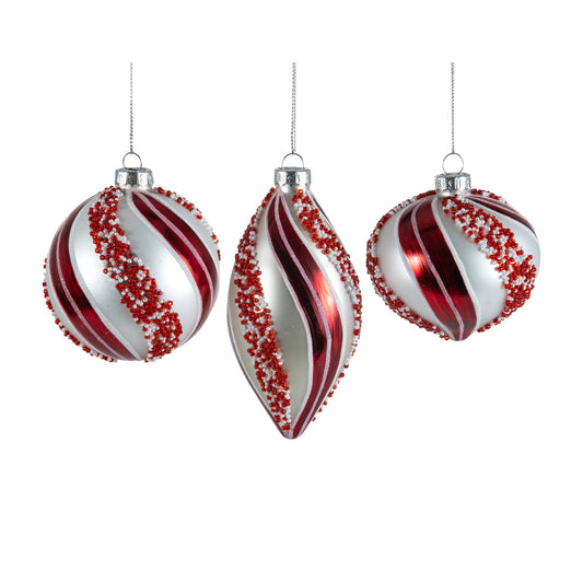 8CM Red & White Swirl Ball, Drop & Onion Ornament (Set of 3)