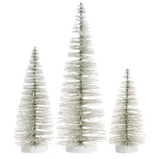Frost Silver Bristle Trees, Iridescent Glitter. (Set of 3)