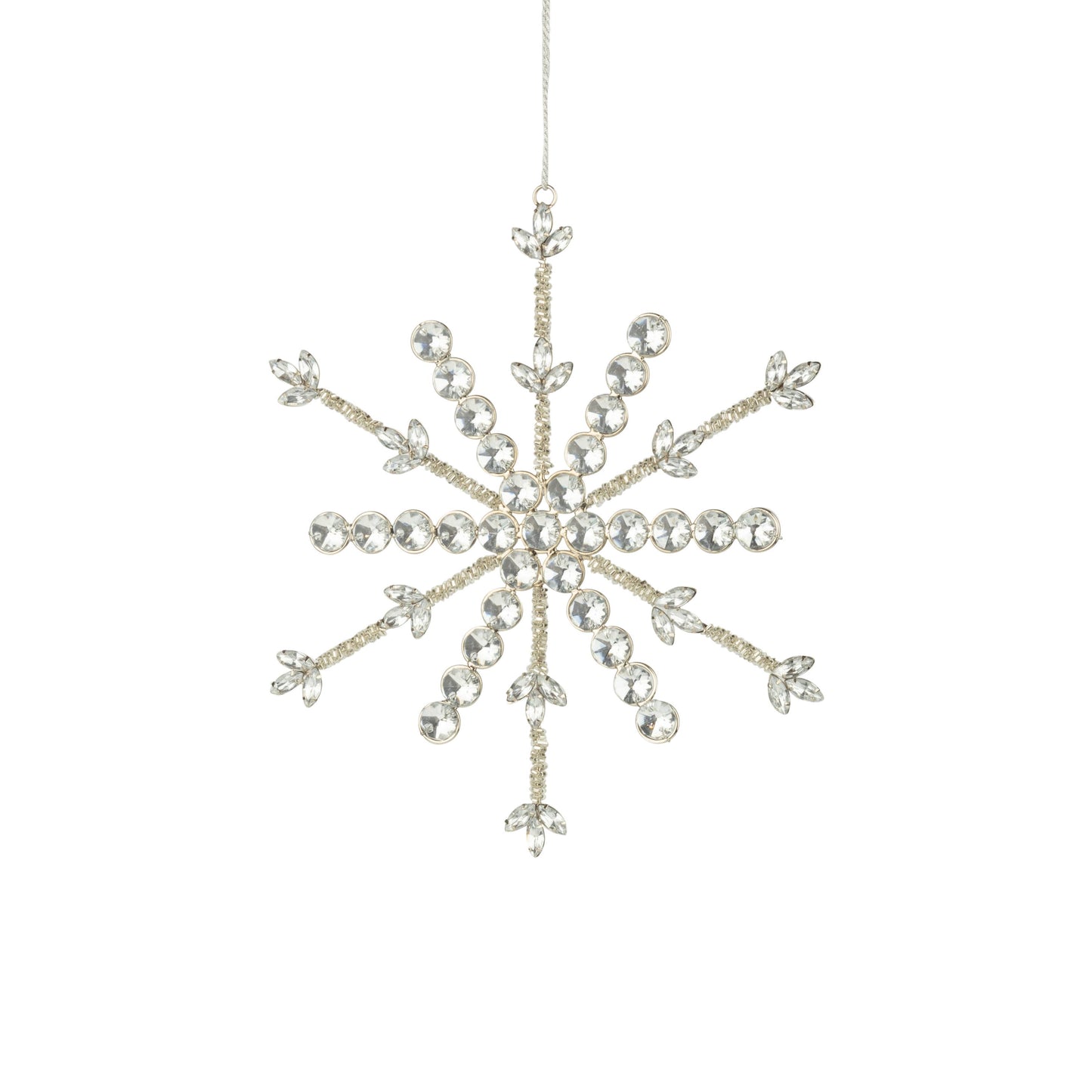 Glass bead oversized snowflake on silver metal setting.