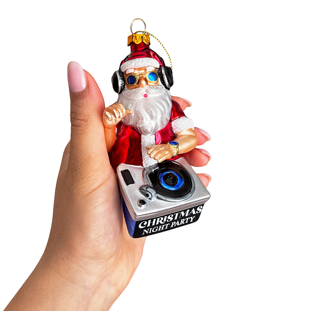 DJ Santa Spinning Christmas Party Glass Ornament, Headphones and Music Star Hipster Tree Decor
