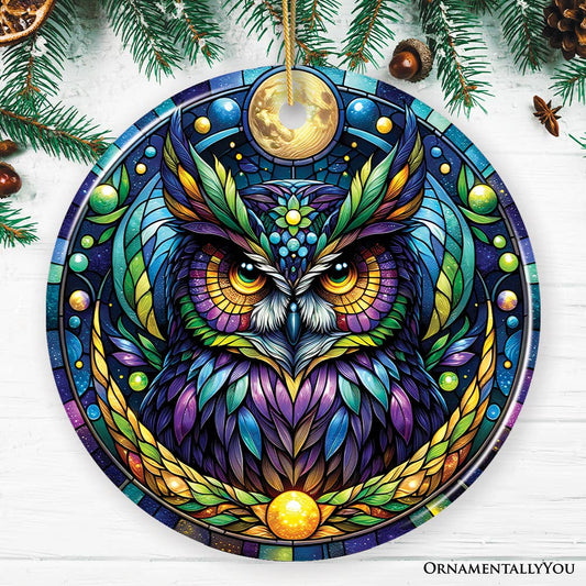Mysterious Owl Stained Glass Style Ceramic Ornament