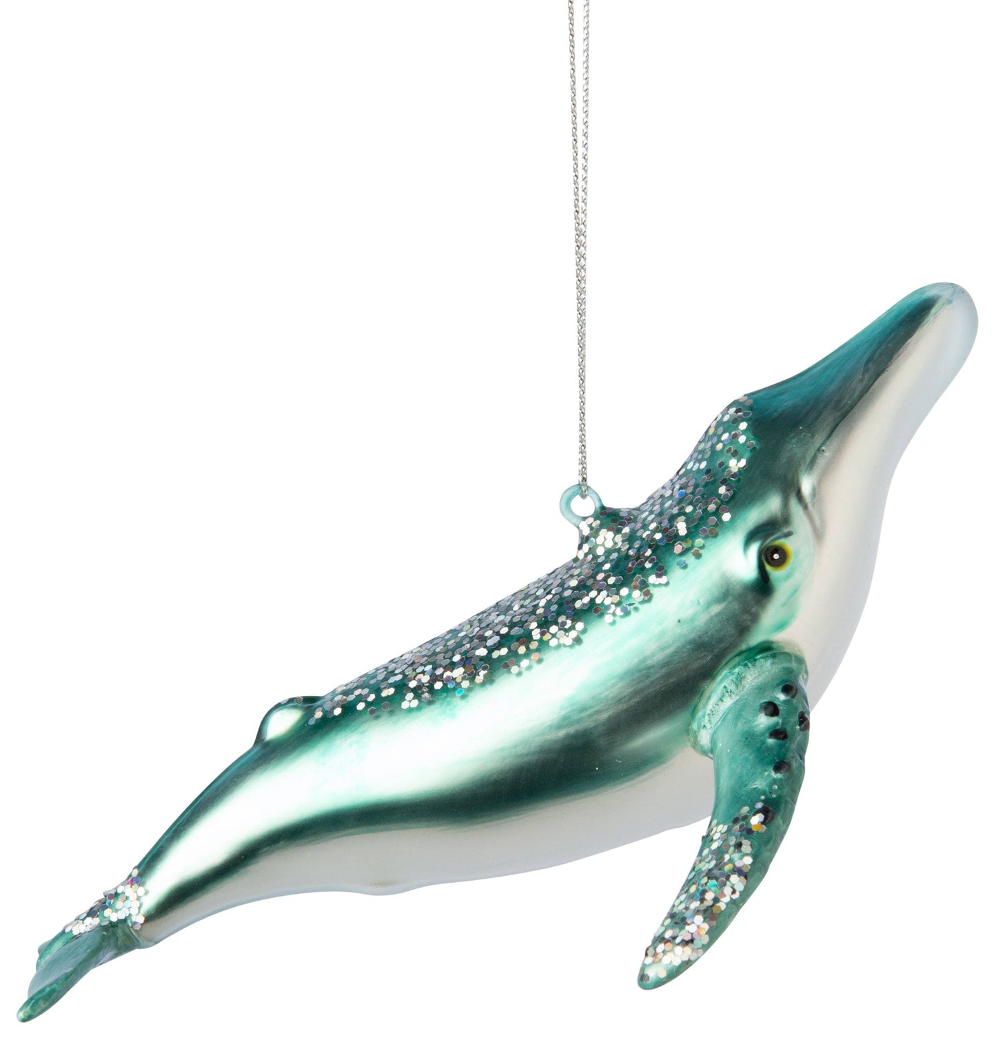 Glass sperm whale ornament.