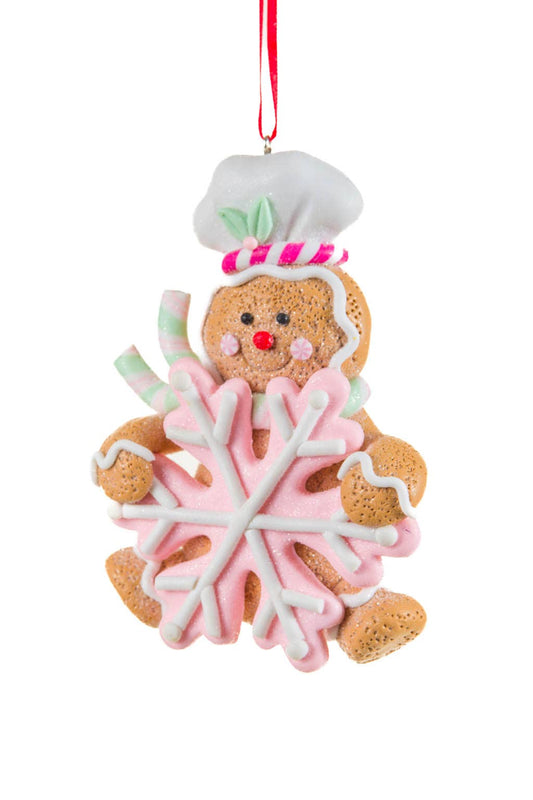 Brown/White Gingerbread Ornament with Pink Snowflake