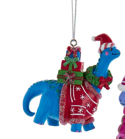 Colorful Dinosaur With Tree & Presents Ornaments, 2 Assorted
