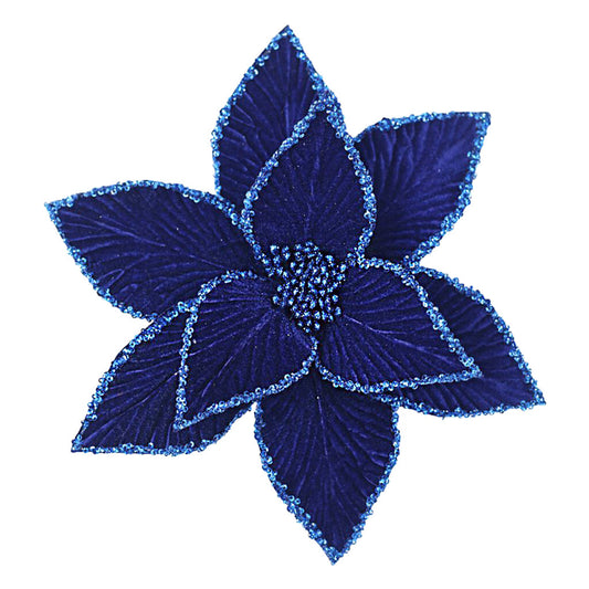 POINSETTIA HEAD ROYAL BLUE 12″ W/GLITTER W/CLIP