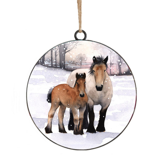 METAL DISC 4″ HORSES SNOWY SCENE ORNAMENT