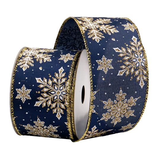 WIRED RIBBON 2.5″x10 YDS. NAVY BLUE W/ GLITTER SNOWFLAKES