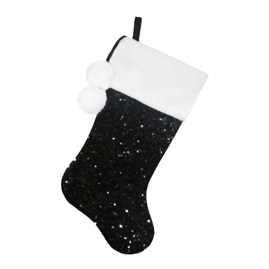 STOCKING 20.5″ BLACK SEQUINS W/ FAUX FUR CUFF & POM POMS