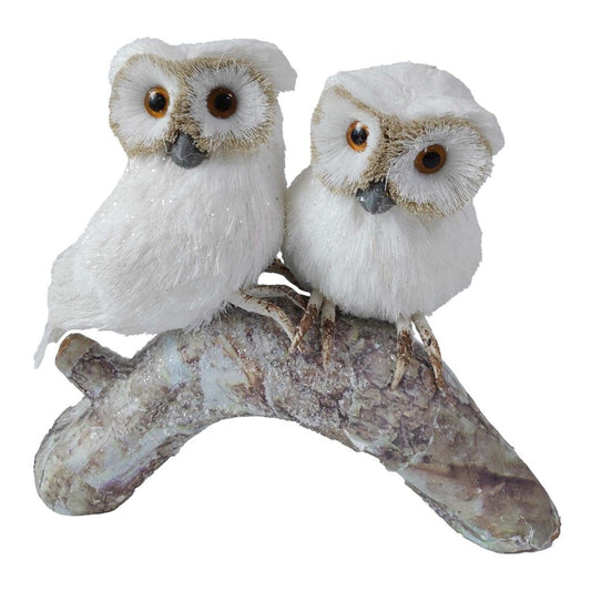 OWL WHITE NAT. 6″X4″X8″ 2-OWLS ON A TREE BRANCH