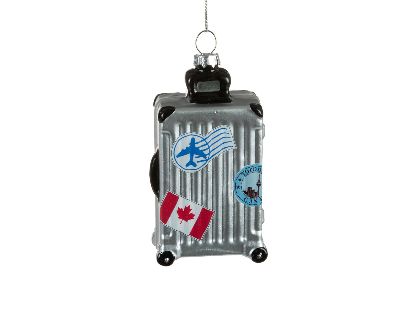 4" Grey Glass Suitcase Ornament w/Travel Decals