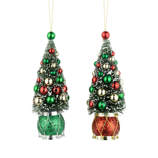 2 Assorted bristle tree in drum ornaments. ( Set of 2)