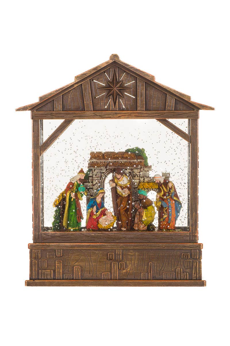 NEW-Brown Led Nativity Snow Globe With Three Wise Men