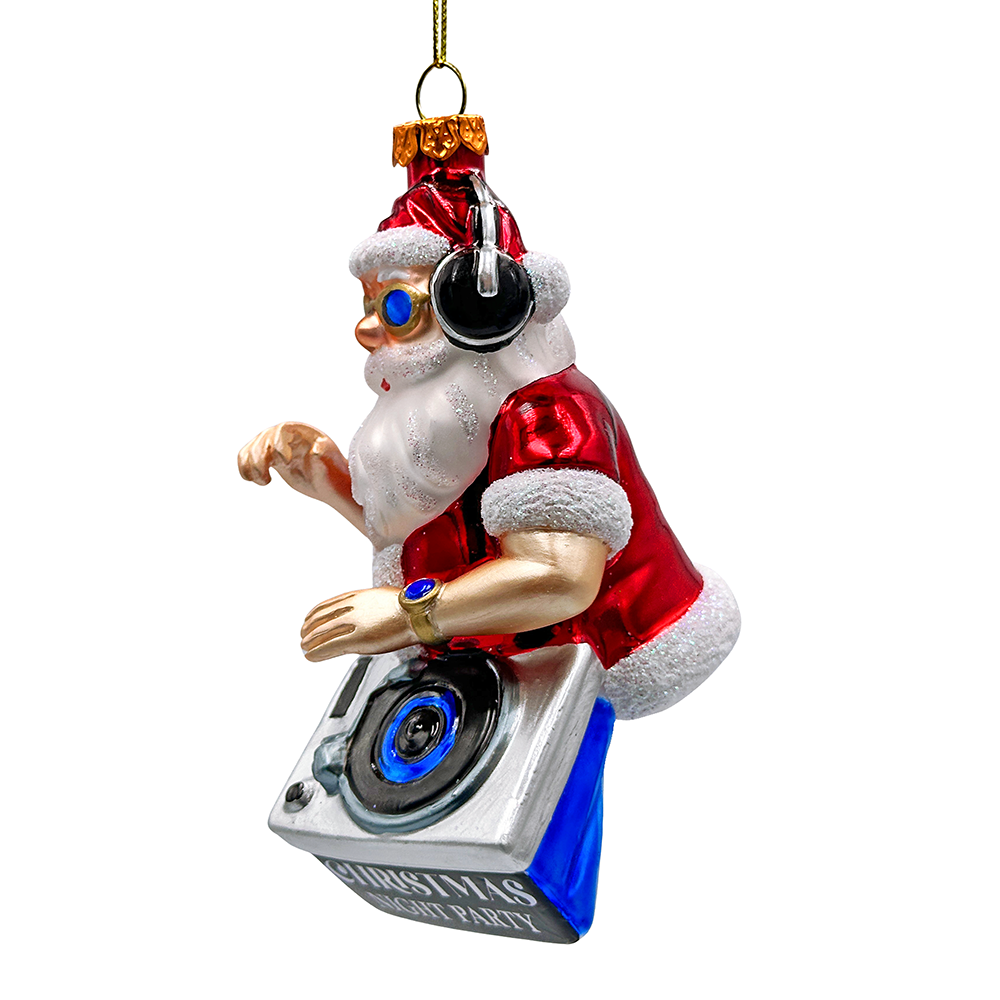 DJ Santa Spinning Christmas Party Glass Ornament, Headphones and Music Star Hipster Tree Decor