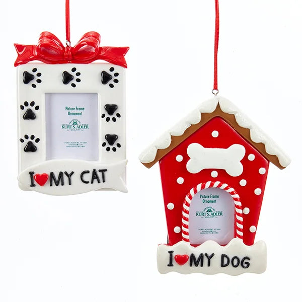 Red and White Dog and Cat Picture Frame Ornaments, 2 Assorted