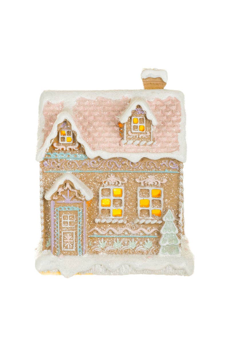 White/Pink Led Gingerbread House W/ Snowcapped Chimney