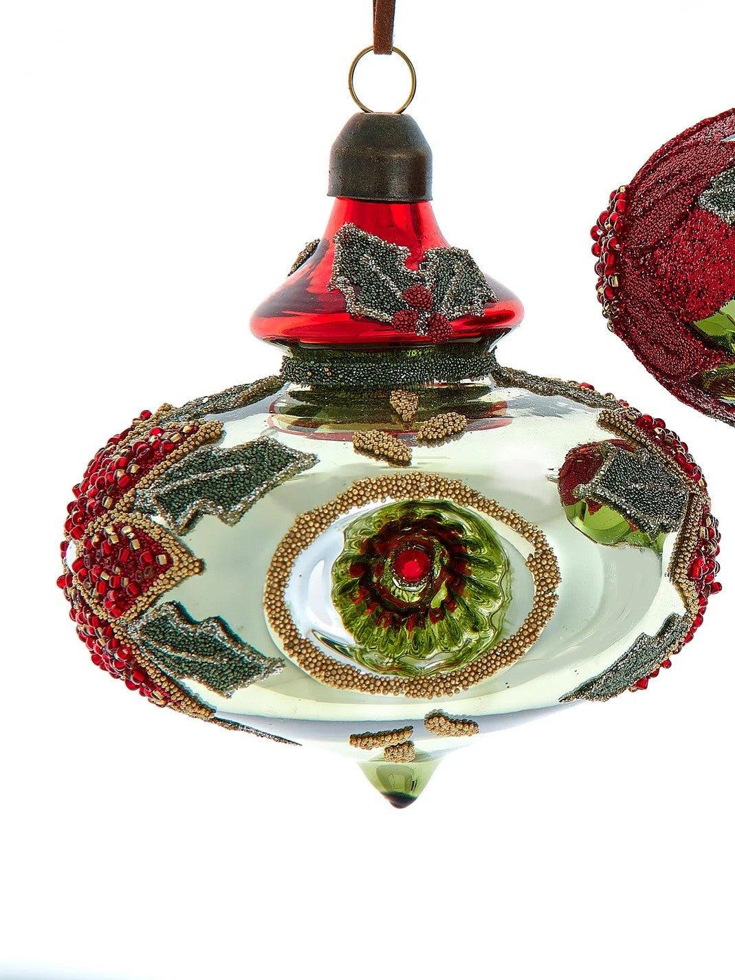Glass Red & Olive Reflector Finial Ornament