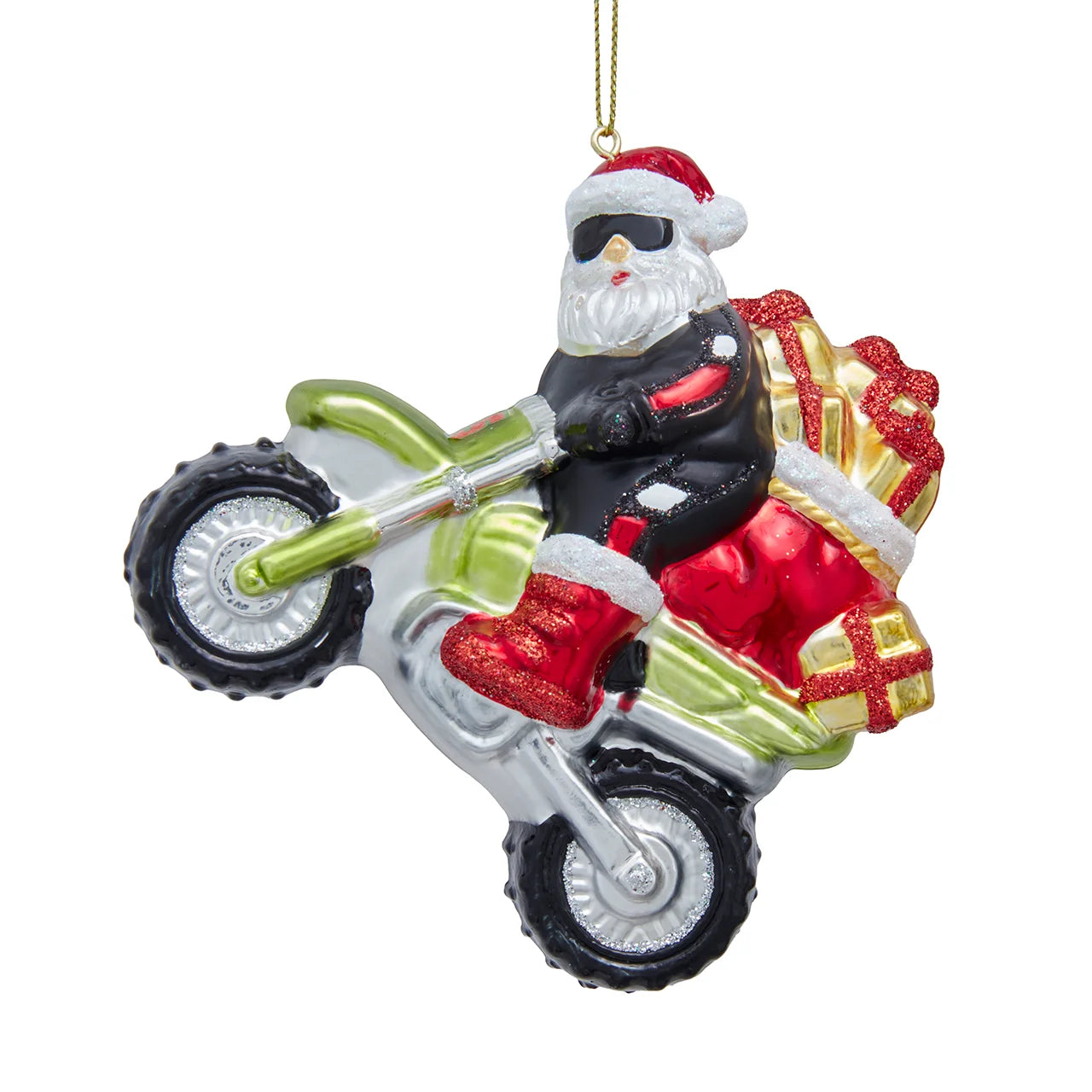 Glass Santa On Dirt Bike Ornament
