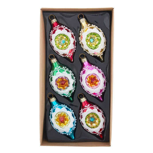 88MM Glass Multicolor Reflector With White Glitter Drop Ornament Set, 6-Pieces