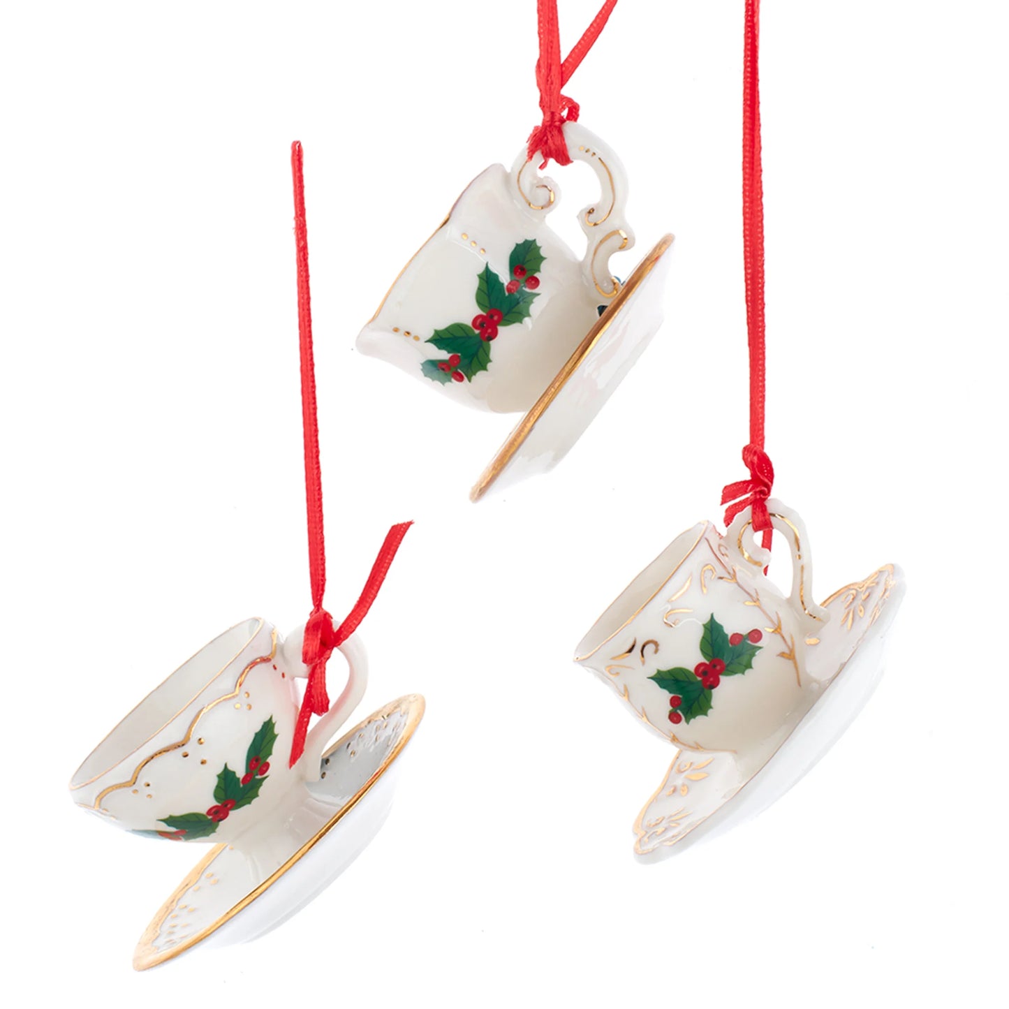 Porcelain Holiday Formal Tea Cup Ornaments, 3 Assorted