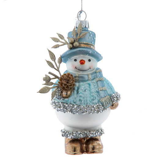 Glass Blue & Platinum Snowman Ornament