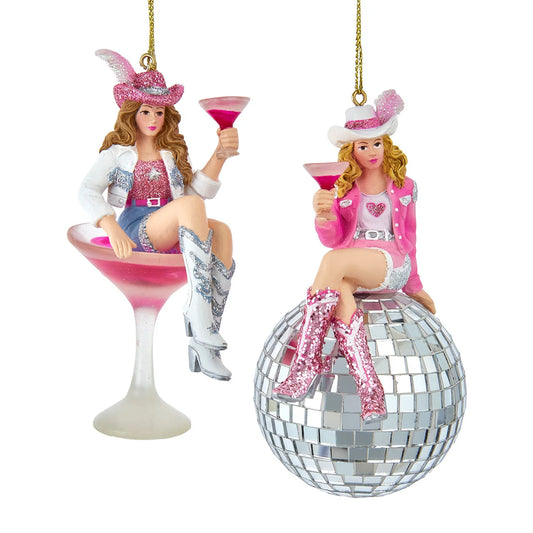 Cowgirl On Mirror Ball & Martini Glass Ornaments, 2 Assorted