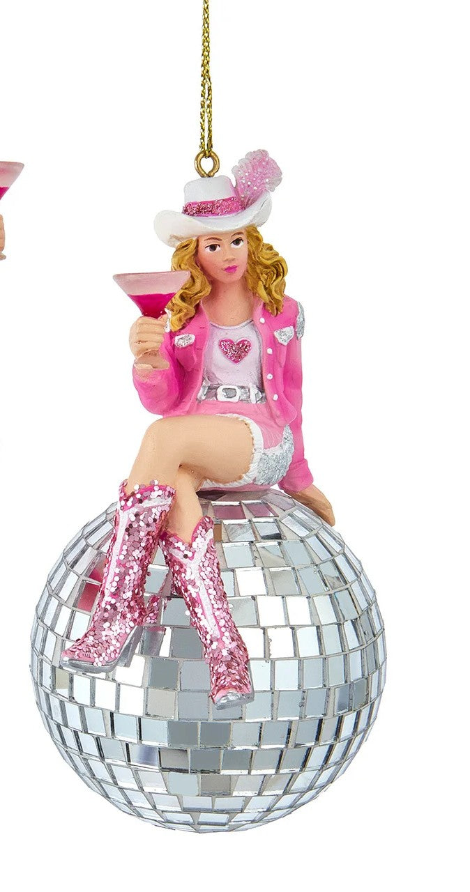 Cowgirl On Mirror Ball & Martini Glass Ornaments, 2 Assorted